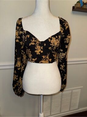 Black Floral Puff Sleeve Sweetheart Crop Top Size Small